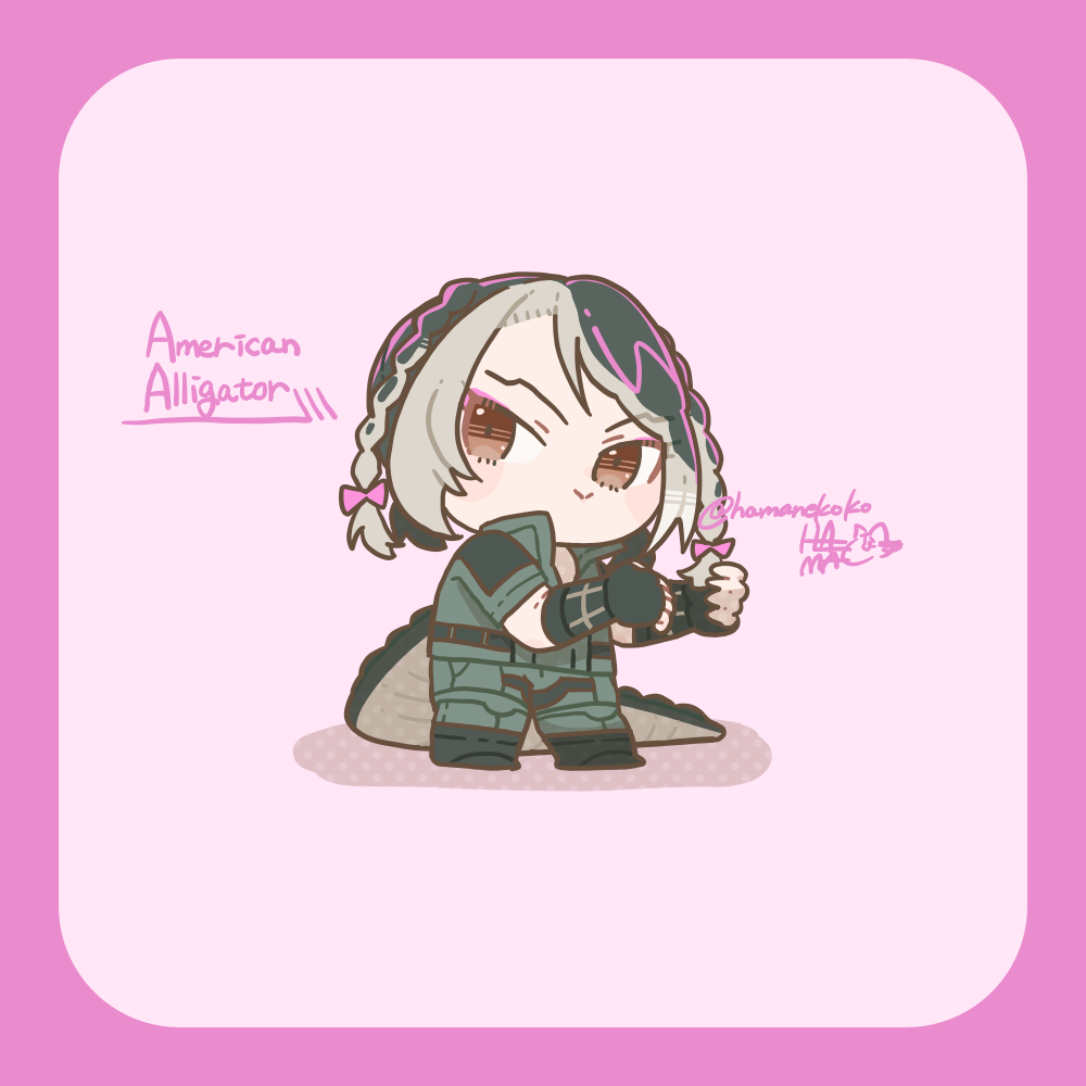 1girl :&gt; american_alligator_(kemono_friends) asymmetrical_hair blush_stickers boots border bow braid brown_eyes character_name chibi chibi_only closed_mouth collared_jacket crocodilian_tail fingerless_gloves full_body gloves green_boots green_gloves green_hair green_jacket green_pants hair_bow hamanekoko high_collar holding holding_own_hair jacket kemono_friends long_tail looking_at_viewer multicolored_hair pants parted_bangs pink_border pink_bow short_sleeves simple_background smile solo standing tail twin_braids twitter_username