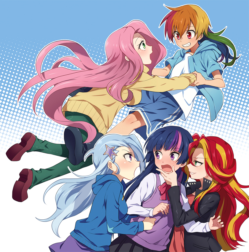 5girls animification aqua_hair blunt_bangs blush bow bowtie buttons curly_hair dress fluttershy fluttershy_(equestria_girls) green_eyes hair_ornament hand_on_another&#039;s_face jacket jealous long_hair looking_at_another megarexetera multicolored_hair multiple_girls my_little_pony my_little_pony:_equestria_girls my_little_pony:_friendship_is_magic open_mouth personification pinafore_dress polka_dot polka_dot_background purple_eyes rainbow_dash rainbow_dash_(equestria_girls) rainbow_hair re_ghotion red_eyes school_uniform shoes shorts shouting sidelocks skirt sleeveless sleeveless_dress smile star_(symbol) star_hair_ornament sunset_shimmer sunset_shimmer_(human) trixie_lulamoon trixie_lulamoon_(equestria_girls) twilight_sparkle twilight_sparkle_(human) yuri