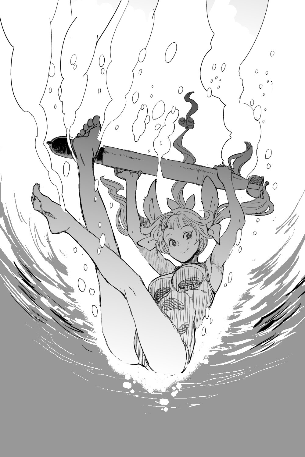 1girl :t air_bubble arms_up barefoot breasts bubble closed_mouth greyscale hair_ribbon highres holding holding_torpedo i-19_(kancolle) kantai_collection long_hair looking_at_viewer monochrome niku-name one-piece_swimsuit ribbon solo swimsuit torpedo tri_tails underwater water