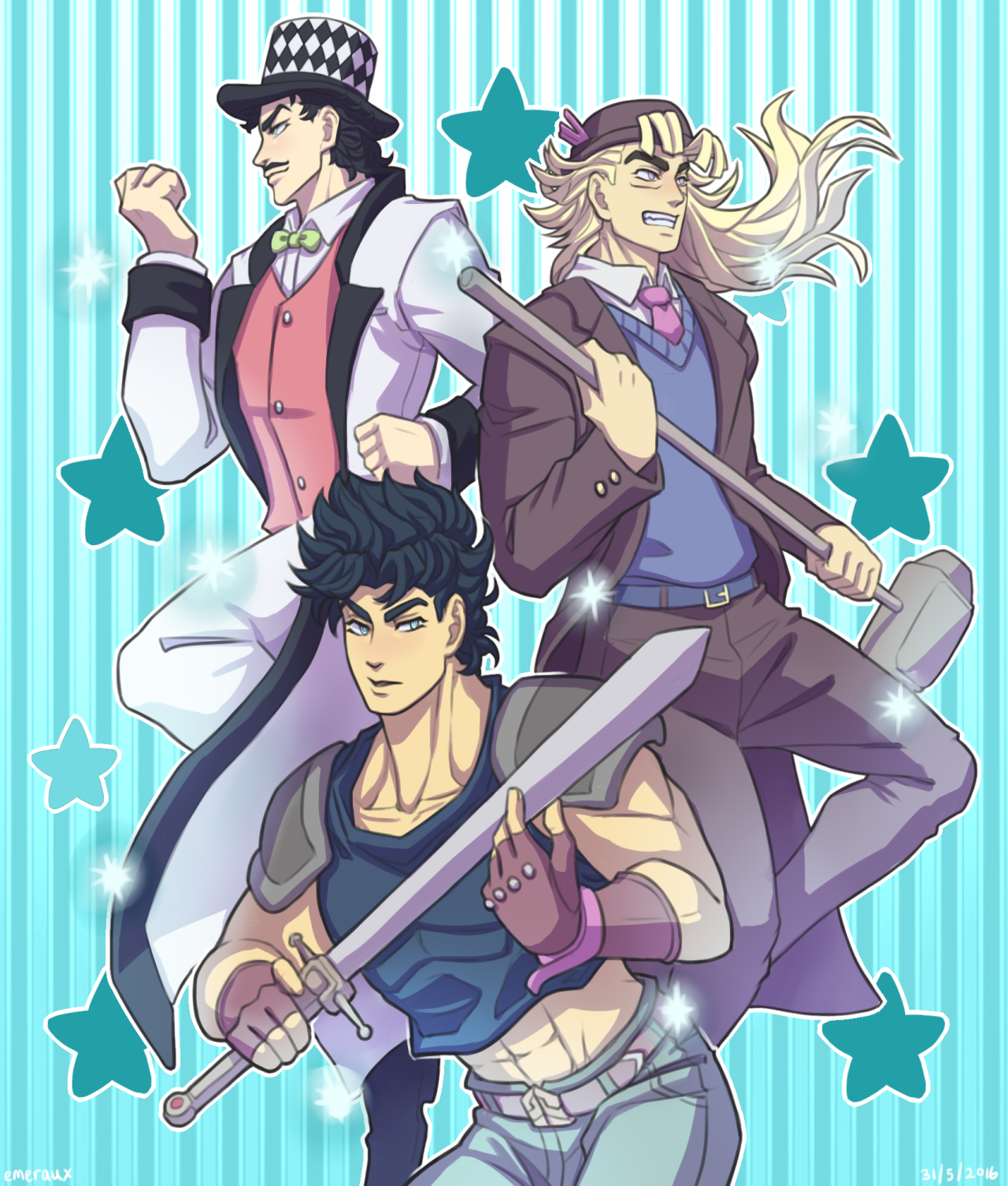 abs aqua_eyes artist_name black_hair blonde_hair bow bowtie crop_top dated emeraudolupus fingerless_gloves gloves grey_eyes grin hammer hat highres holding holding_sword holding_weapon jojo_no_kimyou_na_bouken jonathan_joestar long_hair midriff navel purple_eyes robert_e._o._speedwagon shoulder_pads signature sledgehammer smile star_(symbol) star_symbol_background striped_background sword top_hat tuxedo vest weapon will_anthonio_zeppeli