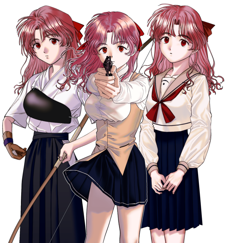 1girl aiming aiming_at_viewer black_hakama bow bow_(weapon) collared_shirt cowboy_shot gloves gun hair_bow hakama hakama_skirt hashtag-only_commentary holding holding_bow_(weapon) holding_gun holding_weapon japanese_clothes kimono long_hair long_skirt long_sleeves looking_at_viewer masatokinaino multiple_views neckerchief pleated_skirt red_eyes red_hair sailor_collar sayonara_wo_oshiete school_uniform serafuku shirt simple_background single_glove skirt standing ueno_koyori vest wavy_hair weapon white_background white_kimono