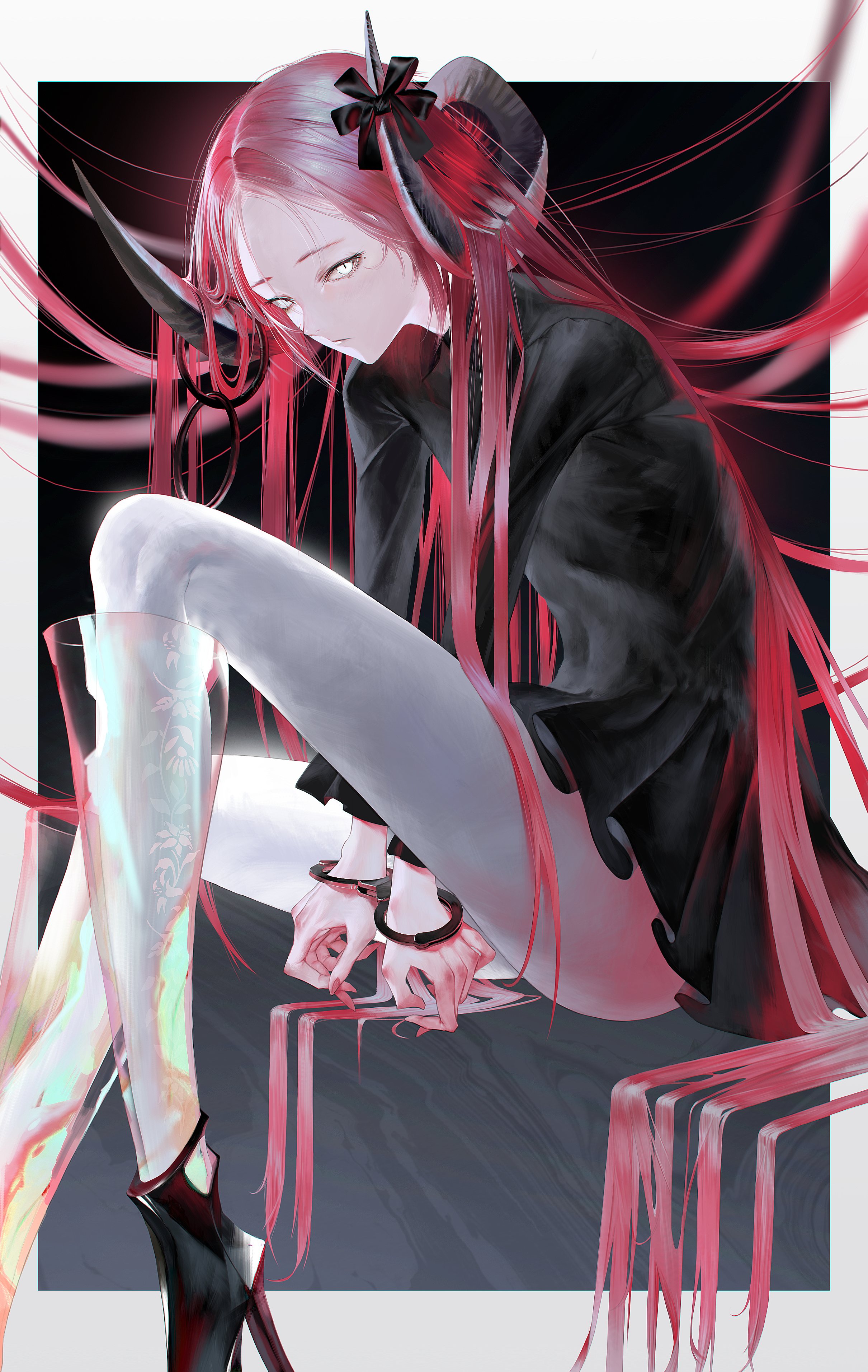 1girl absurdly_long_hair absurdres arms_between_legs black_bow black_footwear black_horns border bow closed_mouth cuffs curled_horns eyelashes fingernails gradient_border grey_border grey_pantyhose handcuffs high_heels highres horn_bow horn_ornament horns long_hair looking_at_viewer mole mole_under_eye nail_polish original pantyhose pink_hair pink_nails red_hair see-through_clothes sitting slit_pupils solo tmt very_long_hair white_border white_eyes