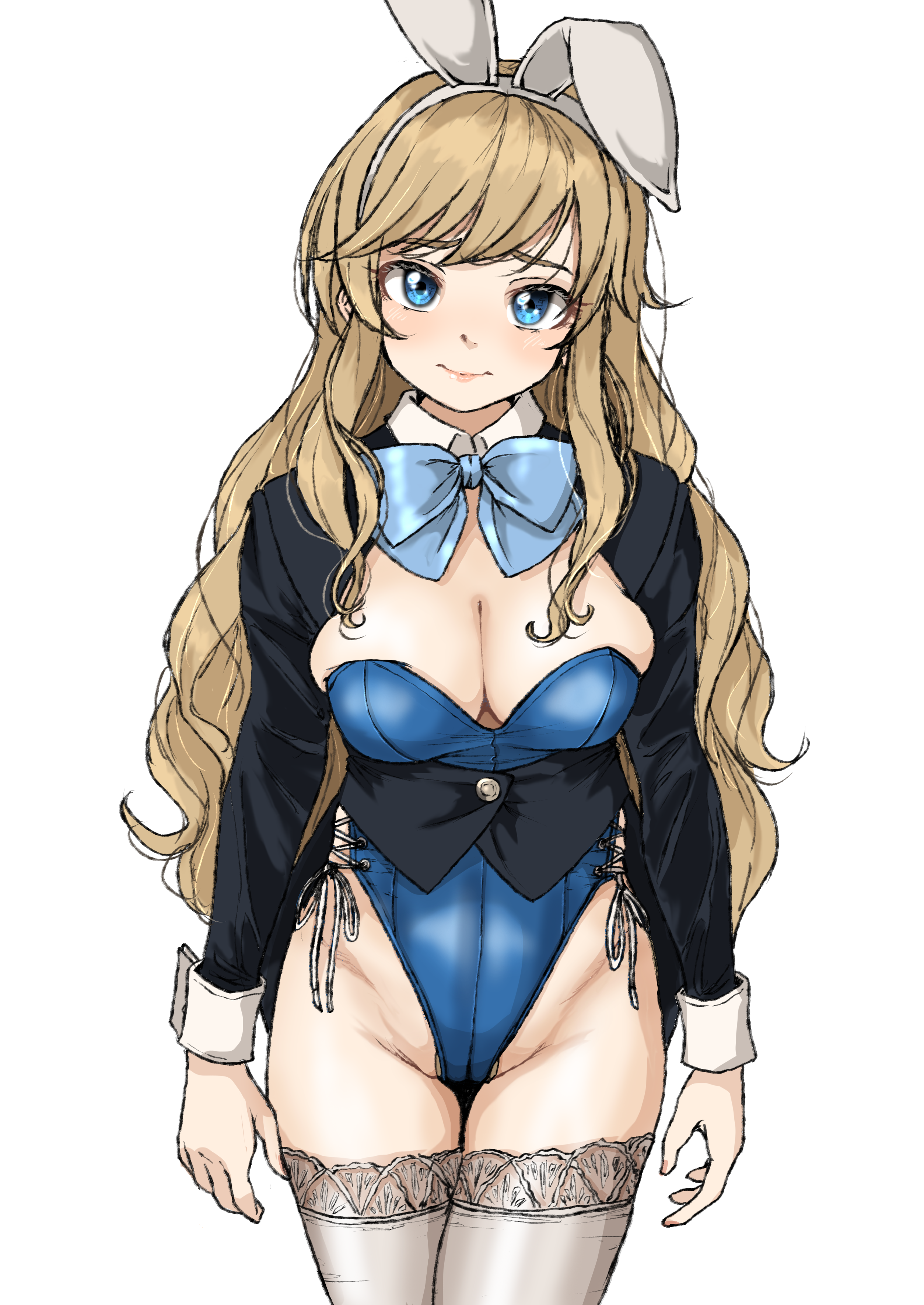 1girl absurdres animal_ear_hairband animal_ears black_shirt blonde_hair blue_bow blue_bowtie blue_eyes blue_leotard blush bow bowtie breasts brown_thighhighs cleavage commentary fake_animal_ears gatsby_ssl groin hairband highres idolmaster idolmaster_cinderella_girls leotard long_hair long_sleeves looking_at_viewer medium_breasts ohtsuki_yui playboy_bunny rabbit_ears shirt solo thighhighs thighs wavy_hair wrist_cuffs