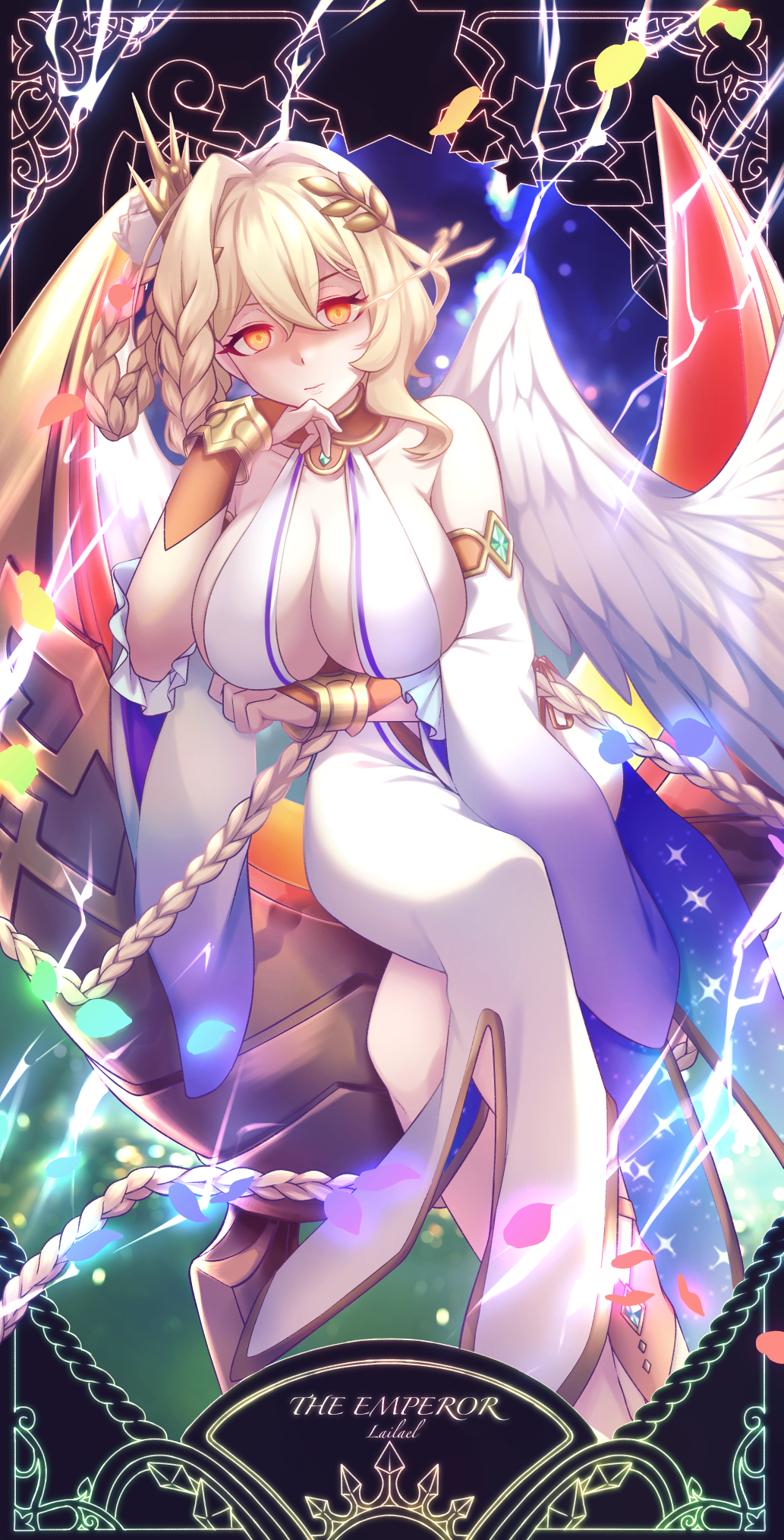 1girl altheavin angel_wings armlet blonde_hair bracer breasts bridal_gauntlets dress feathered_wings flower hair_flower hair_ornament highres jewelry large_breasts laurel_crown lightning long_braid lyrael_(princess_connect!) princess_connect! sitting solo tarot the_emperor_(tarot) white_dress wings