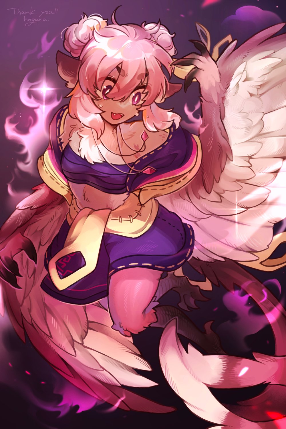 1girl bird_legs bird_tail breasts bright_pupils chest_fluff chest_sarashi claws commentary_request commission double_bun feathered_wings hair_between_eyes hair_bun highres hogara jewelry medium_hair necklace open_mouth original partially_feathered_tail pink_hair purple_skirt sarashi skeb_commission skirt small_breasts solo tail talons teeth upper_teeth_only white_pupils winged_arms wings
