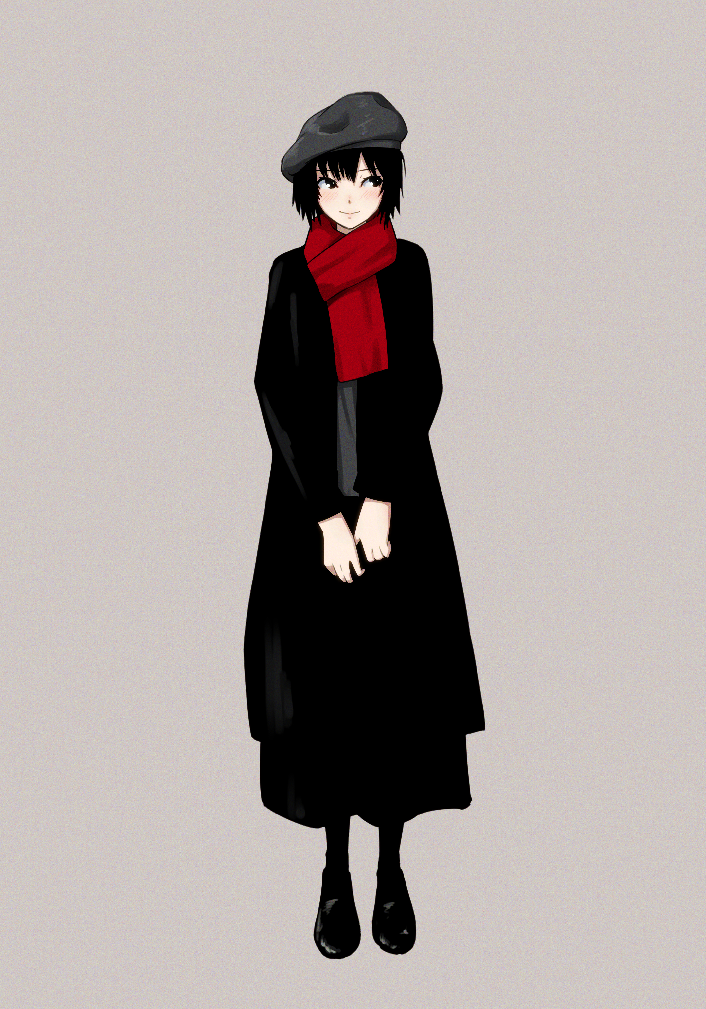 1girl absurdres amagami beret black_coat black_eyes black_hair black_scarf black_shoes black_skirt black_socks blush closed_mouth coat commentary film_grain full_body grey_background grey_hat grey_shirt hair_between_eyes hat highres light_blush light_smile long_skirt long_sleeves looking_to_the_side looking_up nanasaki_ai open_clothes open_coat oshizu own_hands_together pensive scarf shirt shoes short_hair simple_background skirt socks solo v_arms winter_clothes