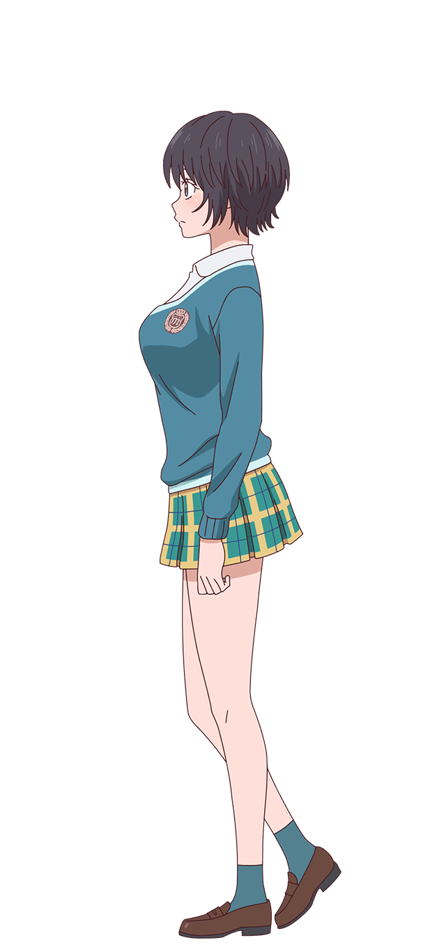 1girl ankle_socks aqua_socks aqua_sweater arm_at_side black_hair blush breasts brown_shoes closed_mouth collared_shirt curled_fingers from_side full_body green_skirt haruno_tsubomi heel_up highres kuroiwa_medaka_ni_watashi_no_kawaii_ga_tsuujinai large_breasts loafers long_sleeves looking_ahead miniskirt official_art plaid_clothes plaid_skirt pleated_skirt purple_eyes rounded_collar school_emblem school_uniform shirt shirt_under_sweater shoes short_hair skirt socks solo standing sweater transparent_background white_shirt
