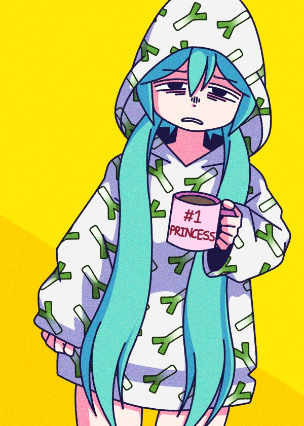 1girl bags_under_eyes blue_hair cowboy_shot cryptidhermit cup english_text exhausted hair_between_eyes hatsune_miku holding holding_cup hood hood_up long_hair long_sleeves parted_lips sleeves_past_wrists solo spring_onion_print twintails vocaloid yellow_background