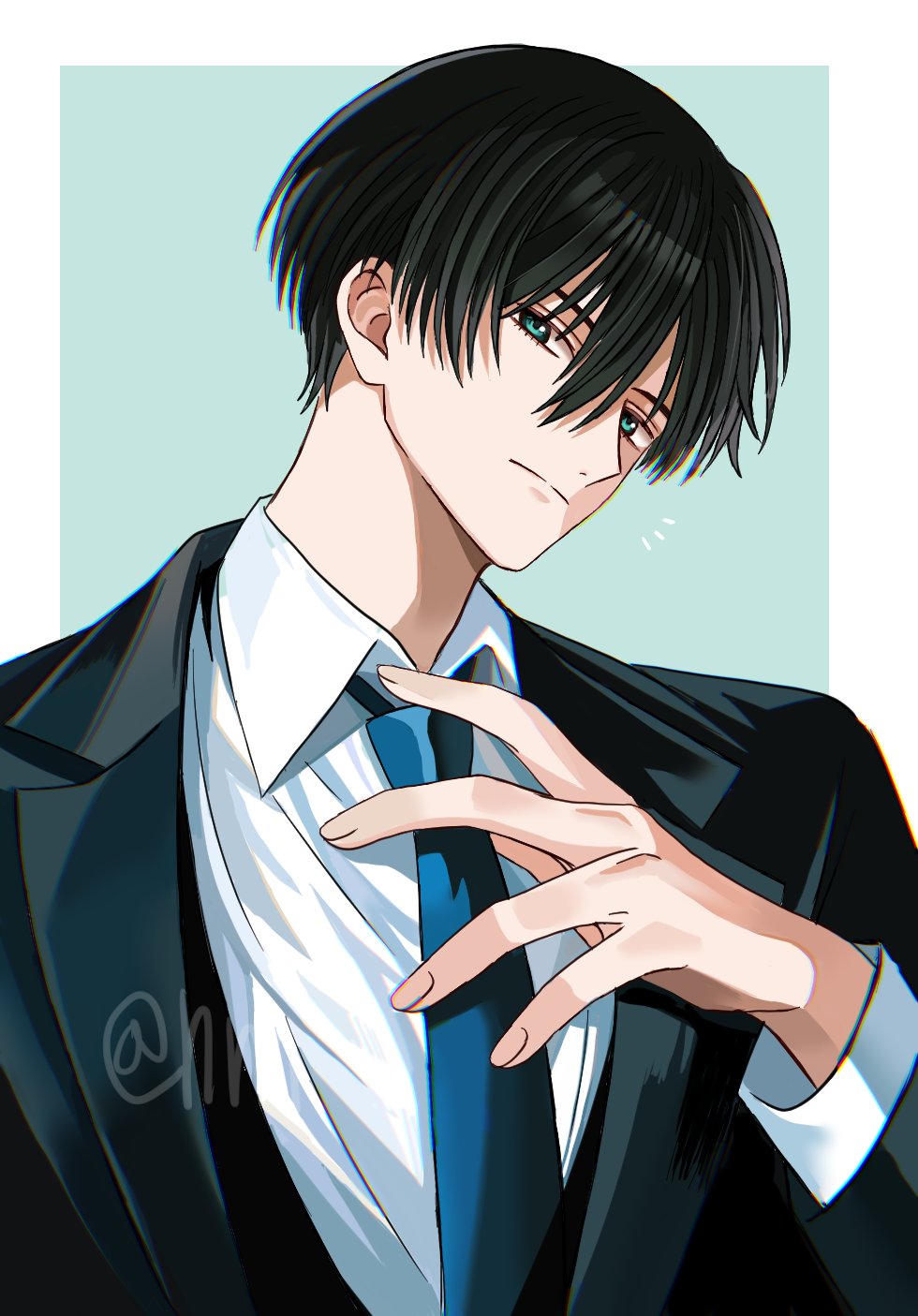 1boy aqua_eyes black_hair black_jacket black_suit blue_lock blue_necktie closed_mouth formal_clothes hair_between_eyes highres hyohls2_(hamao3o) itoshi_rin jacket male_focus necktie shirt short_hair simple_background solo suit white_shirt