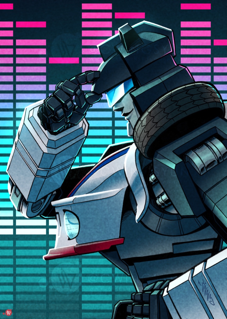 assault_visor autobot from_side hand_on_own_head hand_on_own_hip highres jazz_(transformers) mecha no_humans profile robot science_fiction smile solo transformers transformers:_generation_1 upper_body watermark wheel winston_chan