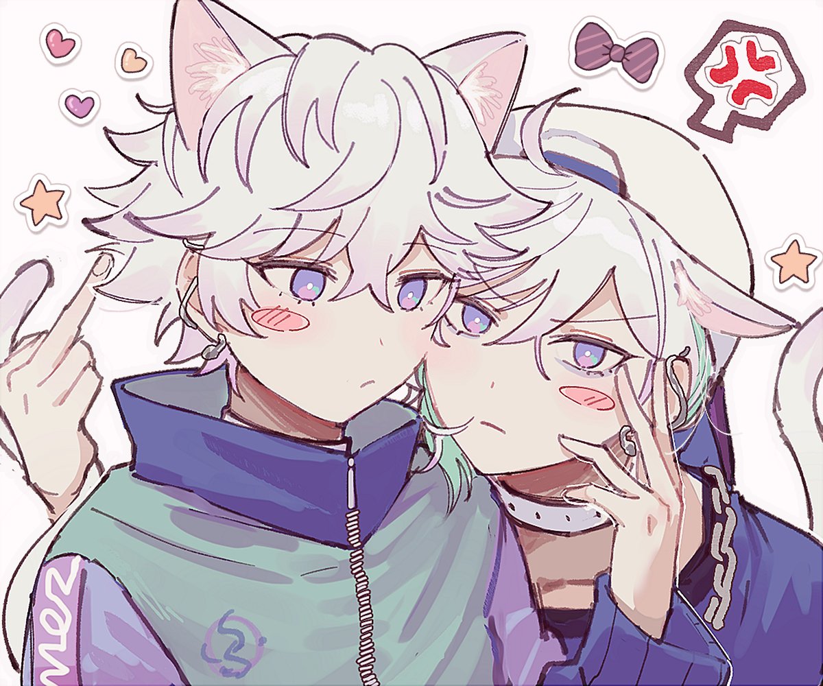 2boys anger_vein animal_ears blush brothers cat_boy cat_ears cat_tail choker cozmez_(paradox_live) earrings extra_ears green_hair grey_background heart jewelry male_focus medium_hair middle_finger multicolored_hair multiple_boys paradox_live phantometal_(paradox_live) purple_eyes purple_hair short_hair siblings spoken_anger_vein star_(symbol) tail twins white_choker white_hair wosurosu yatonokami_kanata yatonokami_nayuta