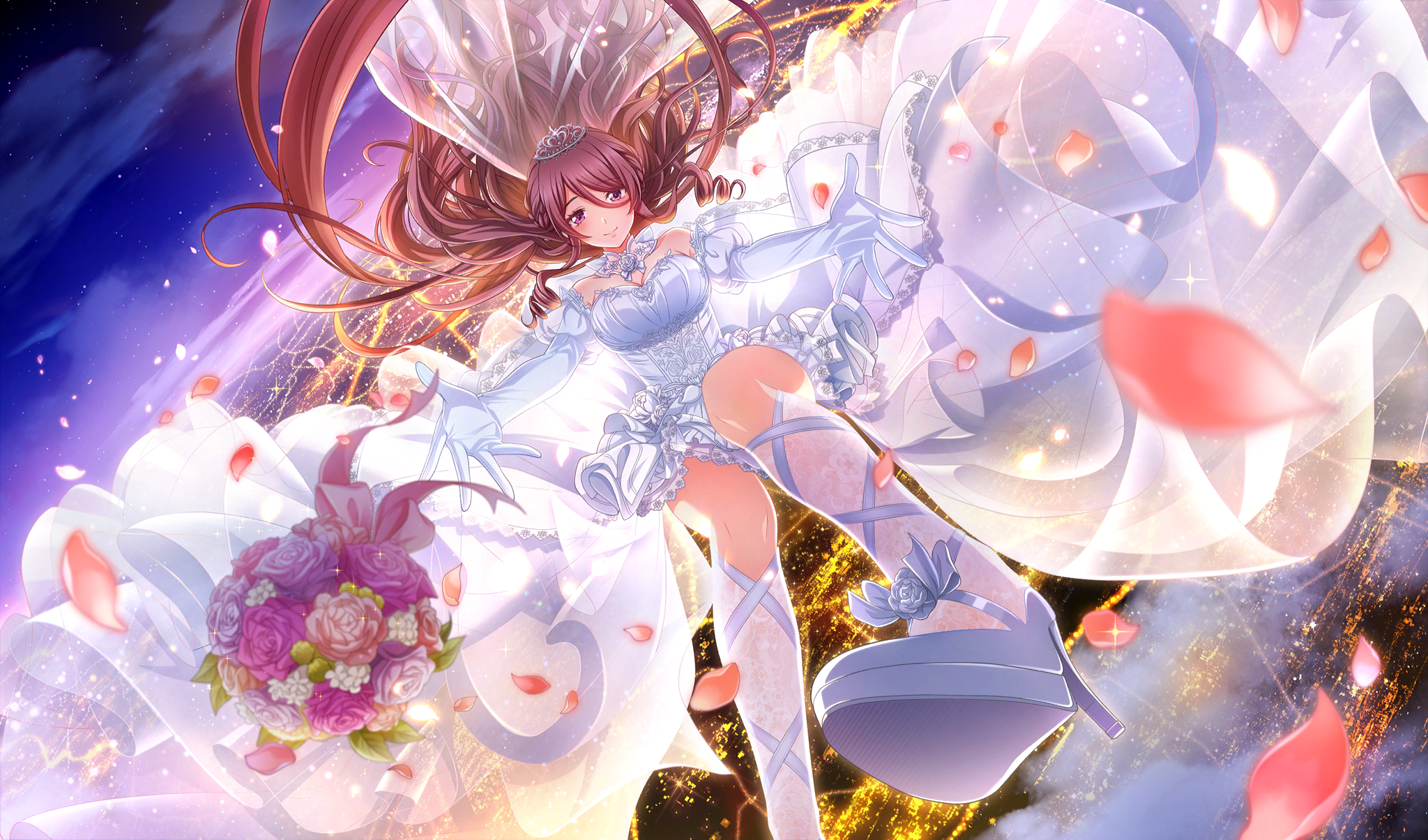 blurry boots bouquet bridal_veil cinderella_series depth_of_field dress dutch_angle elbow_gloves falling falling_petals flower foot_out_of_frame frilled_dress frills game_cg gloves hachigatsu_no_cinderella_nine hair_between_eyes highres honjo_chikage long_hair looking_at_viewer night non-web_source official_art outdoors petals pink_petals purple_eyes purple_hair reaching reaching_towards_viewer sky smile strapless strapless_dress veil very_long_hair wavy_hair wedding_dress white_dress white_footwear white_gloves