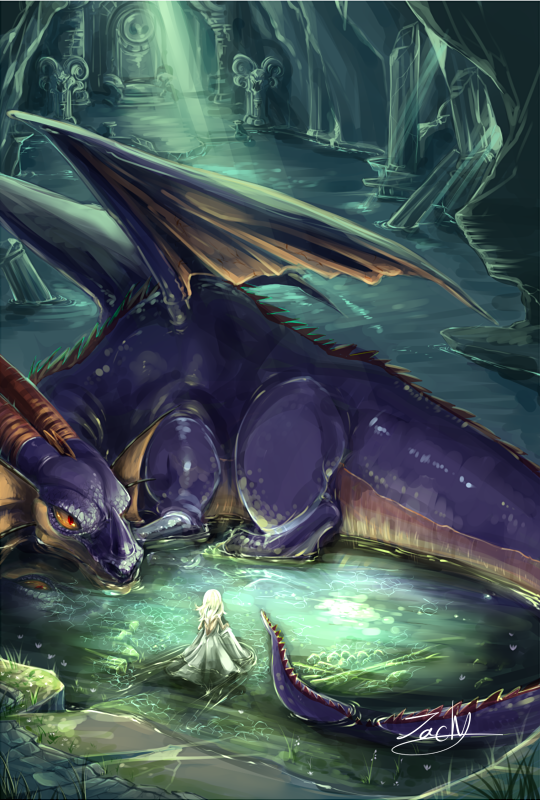 1boy 1girl cave cave_interior colored_sclera commentary_request dragon dragon_lord dragon_quest dragon_quest_i fins head_fins horns kale long_hair looking_at_another orange_horns princess_laura purple_scales red_eyes reflection reflective_water signature water yellow_sclera