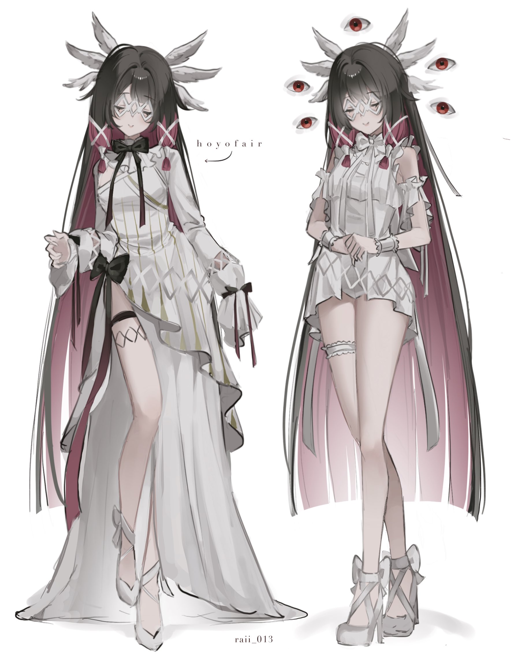 1girl asymmetrical_sleeves black_bow black_bowtie black_hair blunt_bangs blunt_ends blunt_tresses bow bowtie closed_eyes closed_mouth collar colored_inner_hair columbina_(genshin_impact) contrapposto detached_sleeves dress extra_eyes eye_mask footwear_bow frilled_collar frilled_sleeves frilled_thigh_strap frills genshin_impact hair_intakes hair_ribbon hand_up head_wings highleg highleg_leotard highres hime_cut hoyofair leotard long_hair long_sleeves male_underwear multicolored_hair multiple_wings own_hands_together parted_bangs pink_hair raii_0103 ribbon ribbon-trimmed_sleeves ribbon_trim shoes side_slit sleeves_past_fingers sleeves_past_wrists smile standing thigh_strap tress_ribbon underwear variations very_long_hair white_background white_dress white_leotard white_male_underwear white_shoes white_sleeves white_wings white_wrist_cuffs wings wrist_cuffs x-shaped_eyewear