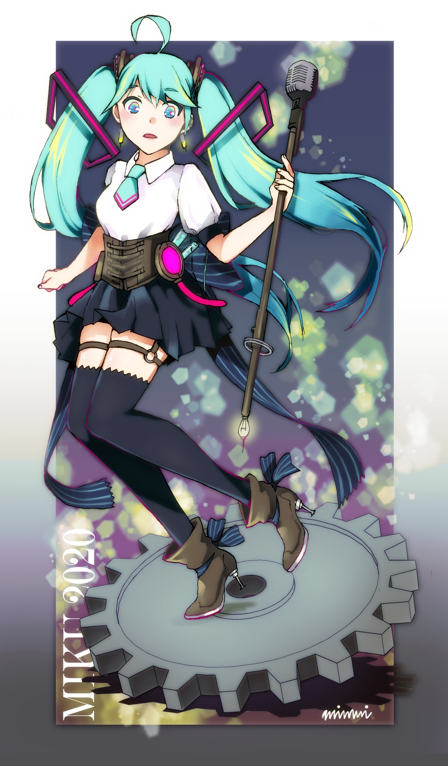 1girl 39 absurdly_long_hair aqua_eyes aqua_hair aqua_necktie artist_name artist_request back_bow black_legwear black_skirt blue_eyes blue_hair blue_necktie boots bow brown_boots collared_shirt earrings female_focus full_body gears hatsune_miku highres holding holding_microphone_stand jewelry long_hair microphone_stand necktie parted_lips ribbon ribbon_shoes shirt skirt solo striped_ribbon twintails very_long_hair vocaloid white_shirt