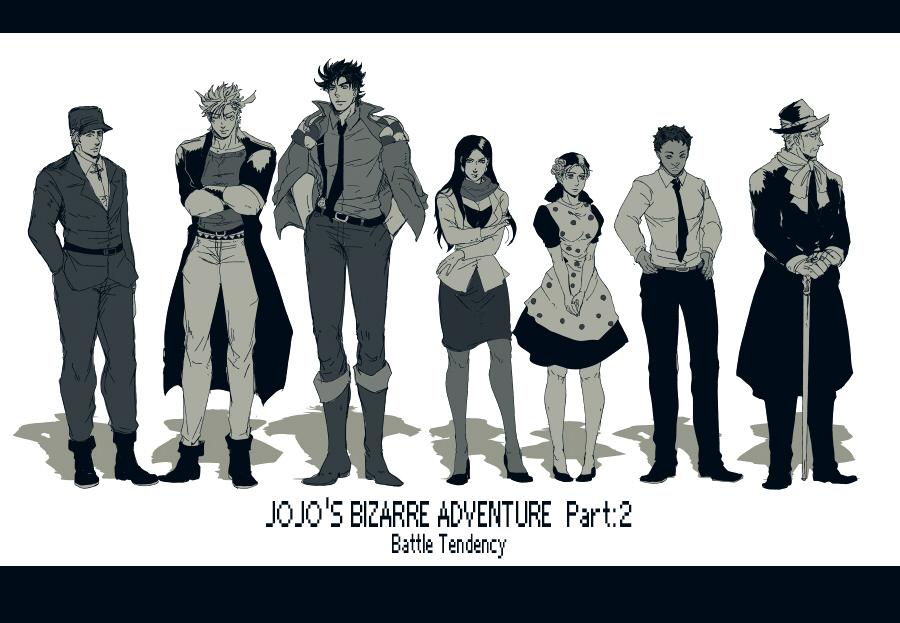 2girls 5boys april_rain bad_id bad_pixiv_id caesar_anthonio_zeppeli ghost_in_the_shell ghost_in_the_shell_lineup ghost_in_the_shell:_stand_alone_complex jojo_no_kimyou_na_bouken joseph_joestar joseph_joestar_(young) kusanagi_motoko lineup lisa_lisa mark_(jojo) monochrome multiple_boys multiple_girls pantyhose parody robert_e._o._speedwagon smokey_brown suzi_q tanaka_atsuko voice_actor_connection