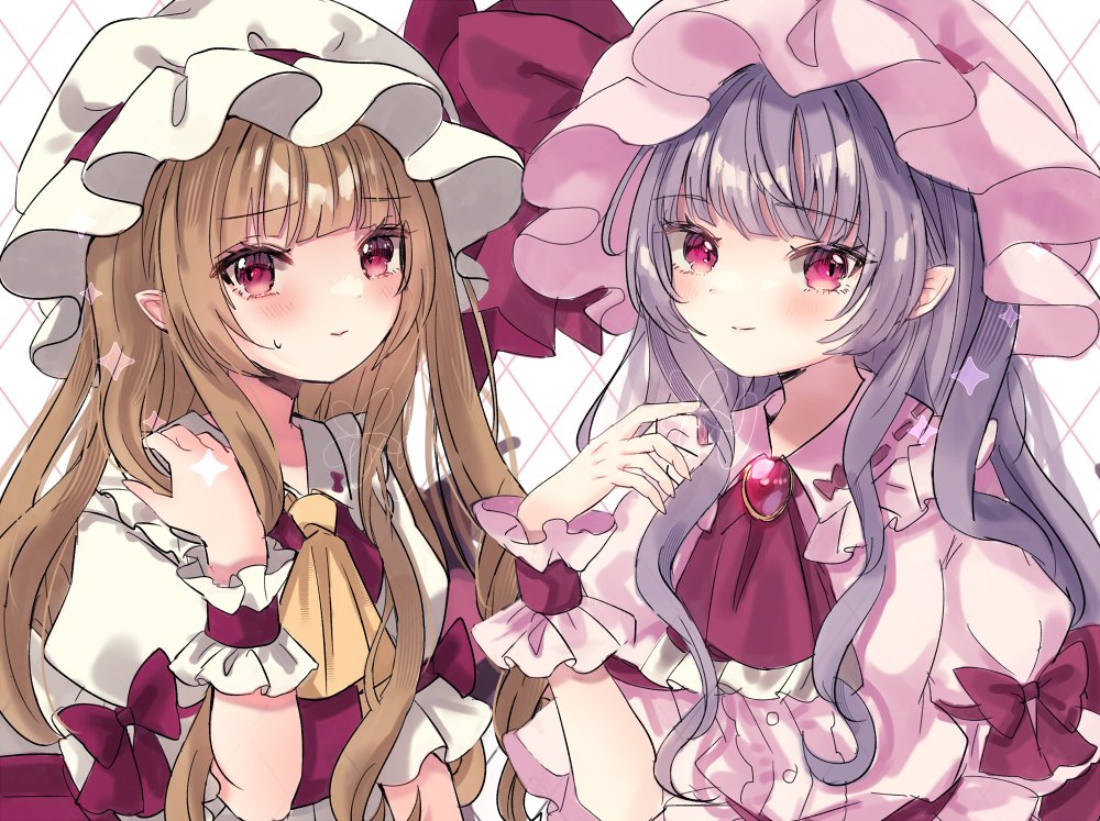 2girls alternate_hair_length alternate_hairstyle argyle_background ascot back_bow blonde_hair blue_hair blush bow brooch buttons closed_mouth collared_shirt commentary flandre_scarlet frilled_cuffs frilled_shirt_collar frilled_sleeves frilled_wrist_cuffs frills hand_up hat hat_bow jaku_sono jewelry light_smile long_hair looking_at_viewer mob_cap multiple_girls pink_hat pink_shirt pointy_ears puffy_short_sleeves puffy_sleeves red_ascot red_bow red_brooch red_eyes red_vest remilia_scarlet ribbon-trimmed_collar ribbon_trim ringlets shirt short_sleeves siblings sidelocks signature sisters sleeve_bow small_sweatdrop sparkle touhou upper_body very_long_hair vest white_bow white_hat white_shirt wrist_cuffs yellow_ascot