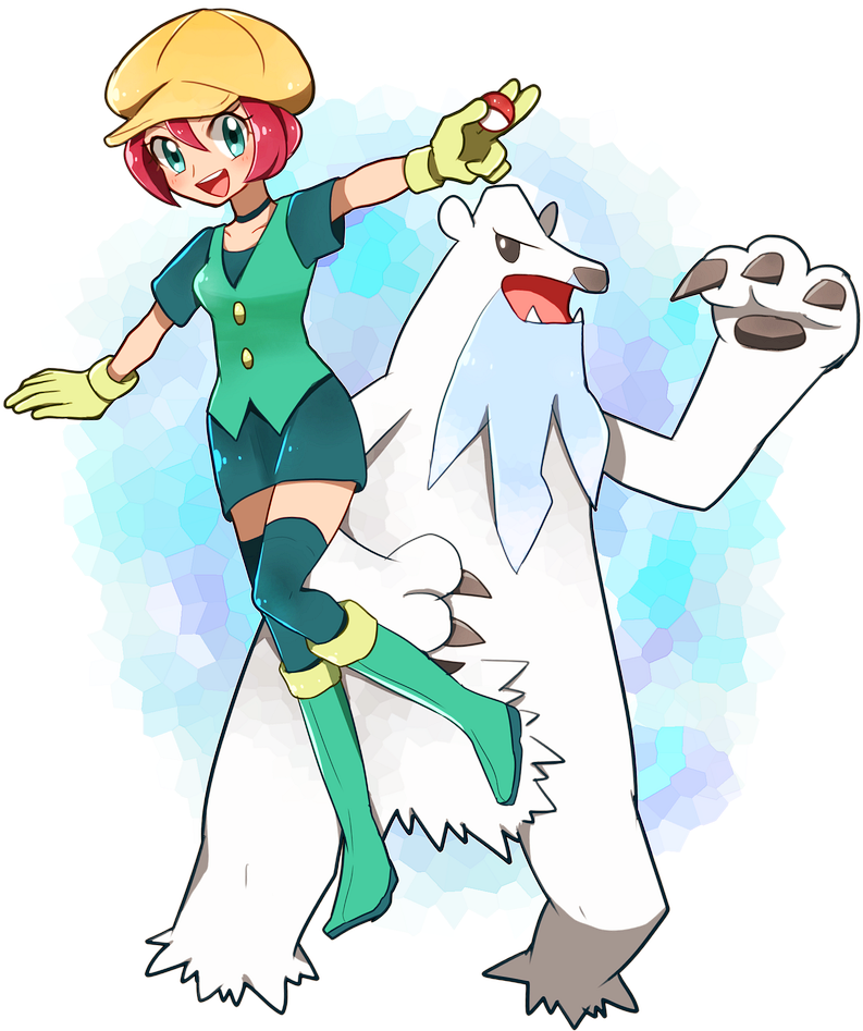 1girl ako_(ako0905) beartic boots cabbie_hat choker collarbone creatures_(company) full_body game_freak gen_5_pokemon georgia_(pokemon) gloves green_boots green_eyes green_gloves green_shirt green_skirt green_thighhighs green_vest hair_between_eyes hat holding holding_poke_ball miniskirt nintendo open_mouth poke_ball poke_ball_(basic) pokemon pokemon_(anime) pokemon_(creature) pokemon_bw_(anime) red_hair shirt skirt thighhighs vest yellow_hat