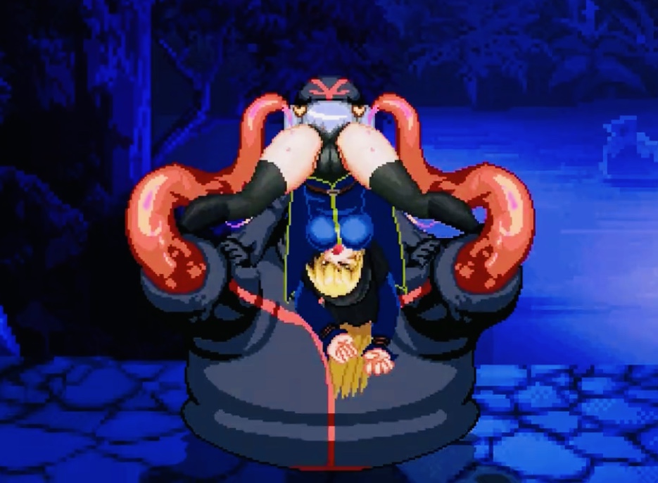 1girl breasts game_screenshot interspecies kinniku_buster kuromaru_(mugen) m.u.g.e.n medium_breasts nipples open_mouth panties tentacles thighhighs underwear