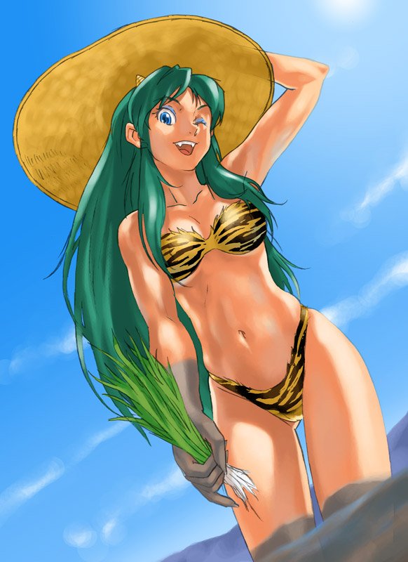1girl animal_print bad_id bad_pixiv_id blue_eyes cone_horns day eyeshadow fangs female_focus funbolt green_hair hat horns lum makeup mud one_eye_closed oni rice_paddies rice_paddy sky solo straw_hat striped_horns tiger_print unko_tarou urusei_yatsura wink yellow_horns
