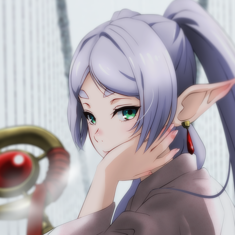 1girl blurry blurry_background earrings elf expressionless floating_earring frieren genya_(genya67) green_eyes grey_hair hand_on_own_face happy_new_year japanese_clothes jewelry kimono mage_staff new_year parted_bangs pointy_ears solo sousou_no_frieren staff turning_head