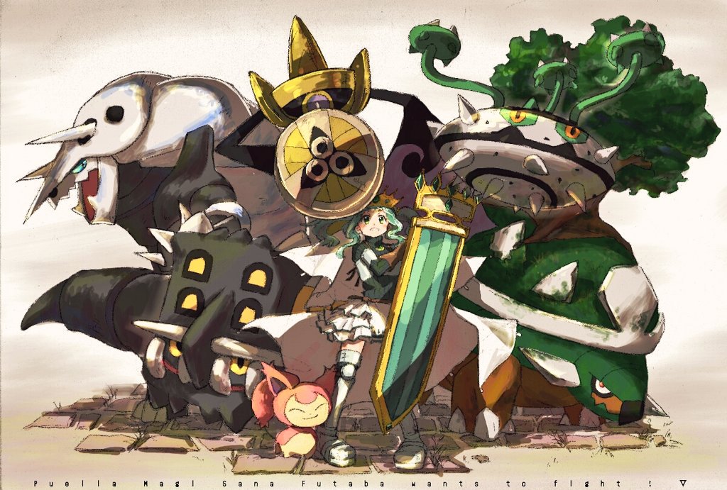 1girl aegislash aggron aqua_hair armor armored_boots bastiodon belt blush boots breastplate brown_belt brown_gloves clenched_teeth crown english_text ferrothorn frilled_skirt frills full_body futaba_sana gem gen_3_pokemon gen_4_pokemon gen_5_pokemon gen_6_pokemon gloves green_eyes green_gemstone green_sweater grey_background grey_boots holding holding_shield knee_pads kym legs_apart magia_record:_mahou_shoujo_madoka_magica_gaiden magical_girl mahou_shoujo_madoka_magica medium_hair nintendo pavement pigeon-toed pokemon ribbed_sweater shield sidelocks skirt skitty solo sweater teeth thigh_boots thighhighs torterra turtleneck turtleneck_sweater veil waist_cape wavy_hair white_skirt zettai_ryouiki