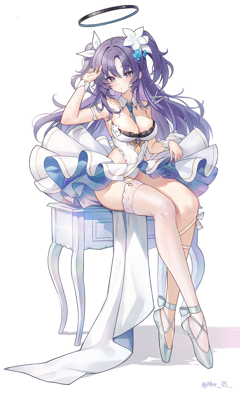 1girl arm_strap arm_up armpits bare_shoulders between_breasts blue_archive breasts cleavage closed_mouth covered_navel detached_collar flower full_body garter_straps grey_shoes hair_flower hair_ornament halo highleg highleg_leotard highres large_breasts leotard mrr_05 necktie necktie_between_breasts purple_eyes purple_hair shoes simple_background single_garter_strap single_thighhigh sitting sitting_on_table skirt solo strapless strapless_leotard thighhighs thighs two_side_up white_background white_leotard white_skirt wrist_cuffs yuuka_(blue_archive)