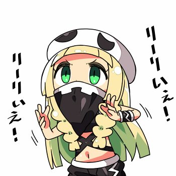 1girl bandana bandana_over_mouth blonde_hair braid chibi cosplay covered_mouth crop_top female_focus green_eyes hat japanese_text kanikama lillie_(pokemon) long_hair lowres nintendo pokemon pokemon_sm simple_background solo team_skull team_skull_(cosplay) team_skull_grunt team_skull_grunt_(cosplay) translated twin_braids upper_body white_background