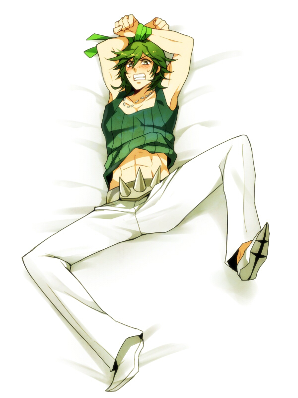 10s 1boy abs bad_id bad_pixiv_id belt blush bound dakimakura_(medium) full_body green_hair jewelry kill_la_kill lying male_focus mojya necklace restrained sanageyama_uzu solo spikes tied_up
