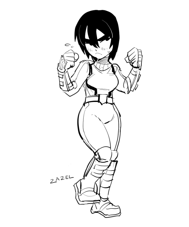 1girl black_hair blush boots breasts clenched_hands dancho_no_mori flying_sweatdrops frown full_body genderswap genderswap_(mtf) greyscale hands_up long_sleeves mii_brawler mii_brawler_(smash_ultimate) monochrome nintendo short_hair sketch solo standing super_smash_bros. sweatdrop thick_eyebrows w_arms wrist_guards