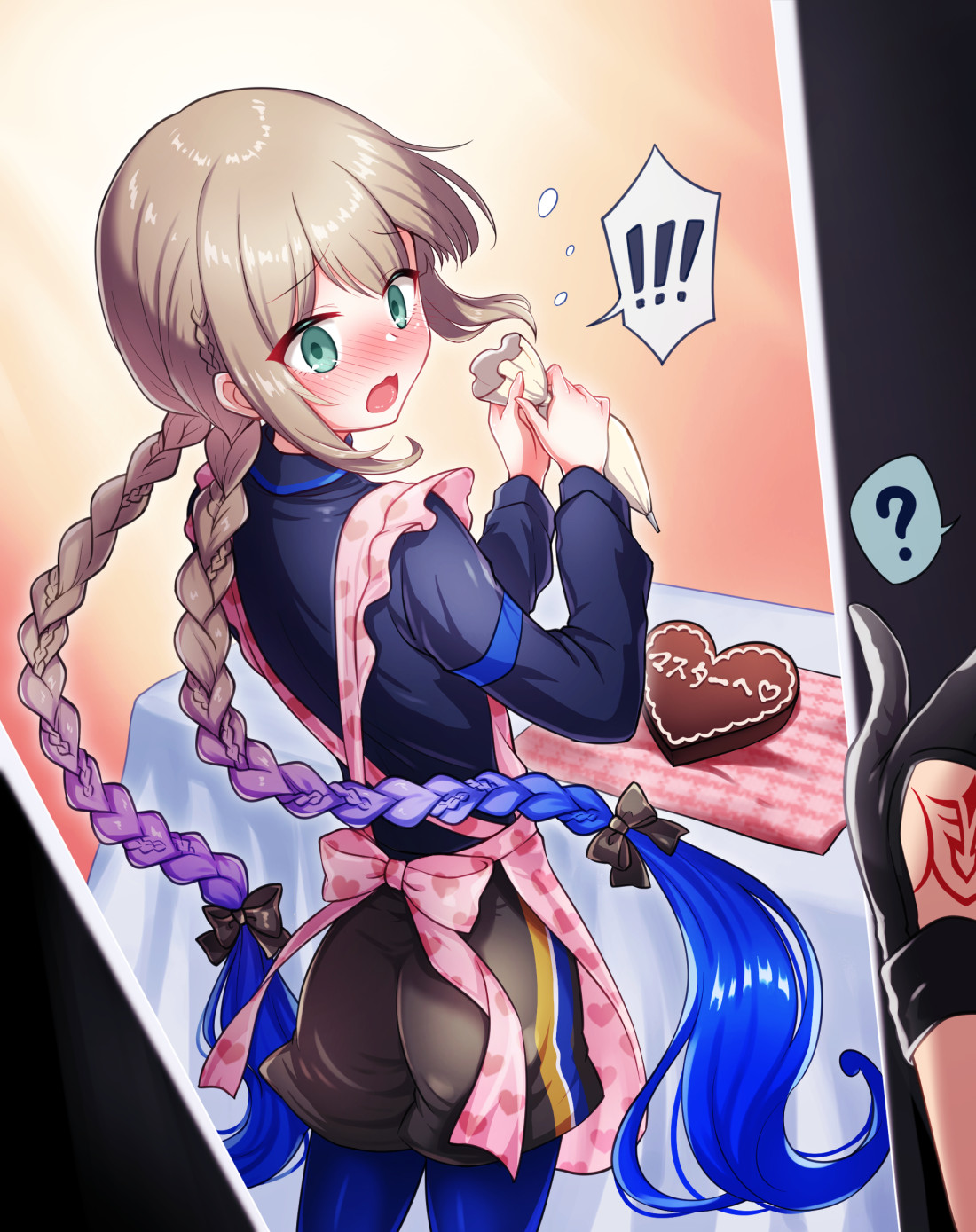! !! 1boy 1other ass black_shirt blue_hair blue_pantyhose blush braid brown_shorts candy captain_nemo_(fate) chocolate chocolate_heart commentary_request doorway fate/grand_order fate_(series) food full-face_blush gradient_hair green_eyes heart highres light_brown_hair long_hair looking_at_viewer male_focus multicolored_hair nemo_(fate) captain_nemo_(santa)_(fate) pantyhose pastry_bag pov pov_doorway pov_hands shell_ocean shirt shorts sidelocks spoken_exclamation_mark trap twin_braids twintails valentine very_long_hair whipped_cream