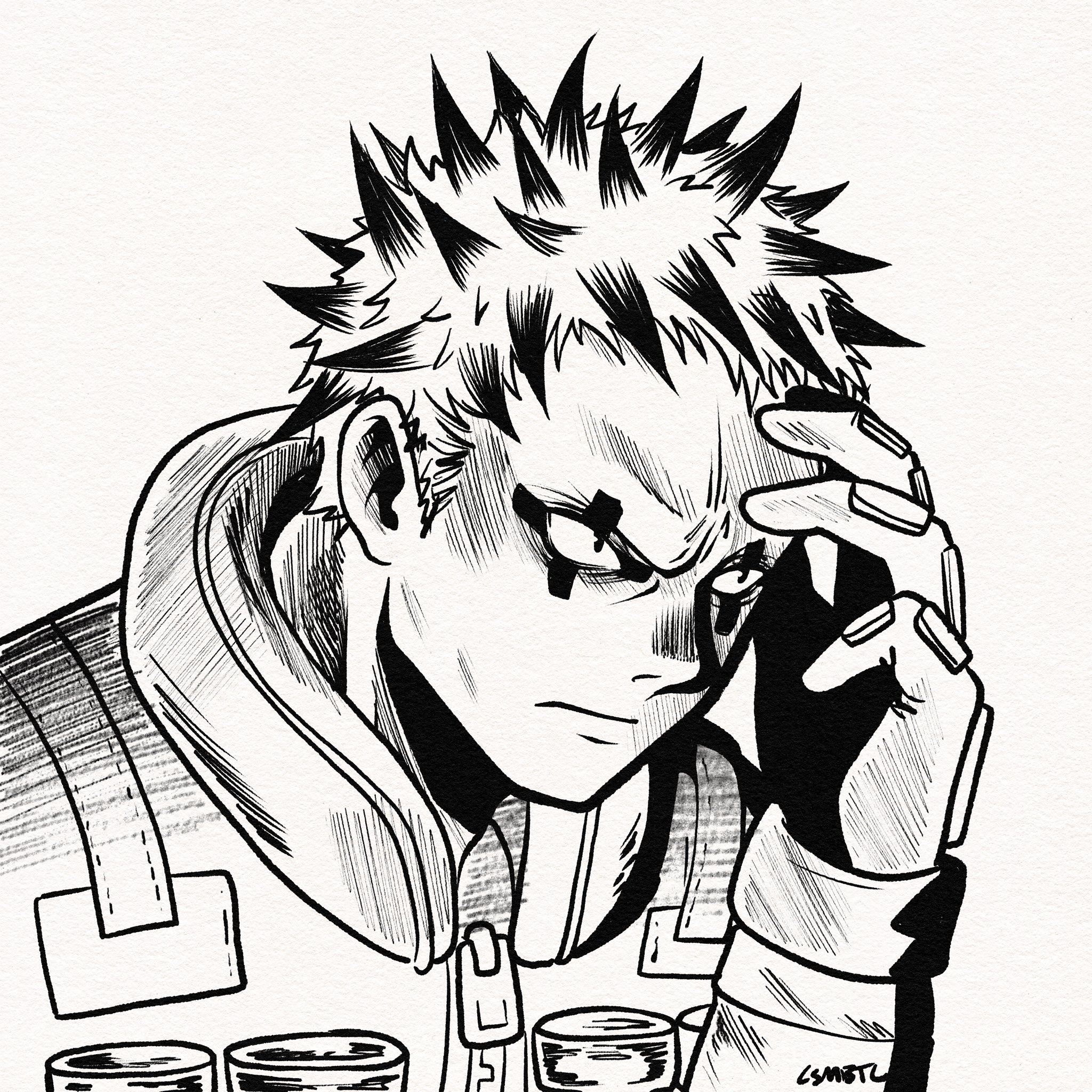 1boy closed_mouth commentary csmbtc dorohedoro english_commentary facial_mark gloves greyscale highres hood hood_down inktober looking_ahead male_focus monochrome risu_(dorohedoro) serious short_hair simple_background solo spiked_hair upper_body zipper_pull_tab