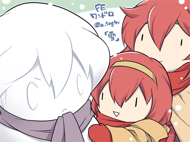 1boy 2girls brother_and_sister fire_emblem fire_emblem:_mystery_of_the_emblem gloves long_hair maria_(fire_emblem) mikimachi minerva_(fire_emblem) misheil_(fire_emblem) multiple_girls nintendo open_mouth red_eyes red_hair scarf short_hair siblings sisters smile snow snowman translation_request |_|