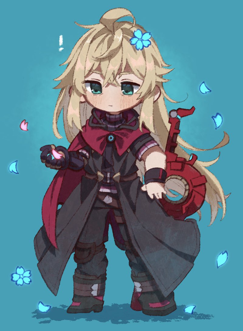 1boy belt black_coat blonde_hair blue_background cape closed_mouth coat commentary crossed_bangs falling_petals full_body green_eyes long_hair male_focus mechanical_arms monado mugimugis petals red_cape shulk_(xenoblade) simple_background single_mechanical_arm solo standing symbol-only_commentary xenoblade_chronicles_(series) xenoblade_chronicles_3 xenoblade_chronicles_3:_future_redeemed