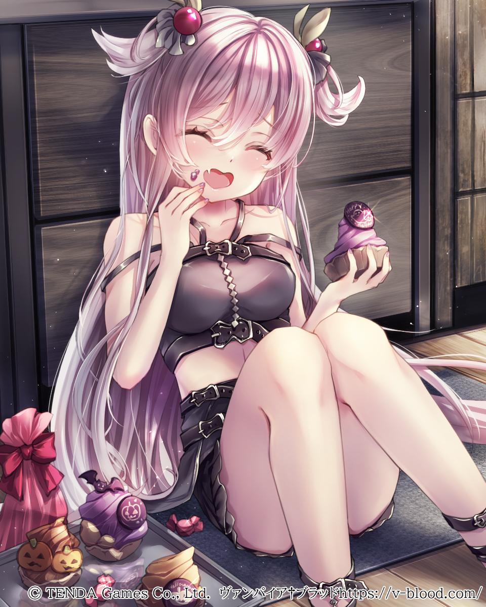 1girl bare_shoulders belt black_shirt black_skirt blush breasts cabinet candy chikaede closed_eyes collarbone commentary_request crop_top cupcake double_strap_slip fang feet_out_of_frame food food_on_face grey_scrunchie hair_between_eyes hair_bobbles hair_ornament hair_scrunchie halloween hane_segawa highres indoors knees_up large_breasts leaning_back long_hair mat midriff multiple_belts official_art open_mouth pink_hair scrunchie shirt sitting skin_fang skirt smile solo sweets tray two_side_up vampire_blood very_long_hair
