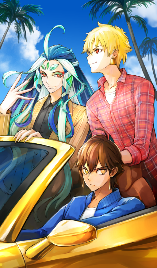 3boys ahoge androgynous aqua_hair black_shirt blonde_hair blue_hair blue_jacket blue_sky brown_eyes brown_hair buttons car closed_mouth cloud collarbone collared_shirt commentary convertible dark-skinned_male dark_skin day dress_shirt driving earrings expressionless eyeshadow fate/grand_order fate_(series) fingernails forehead_jewel gilgamesh_(fate) gold_earrings green_eyeshadow hair_between_eyes jacket jewelry kouga_yun lapels long_fingernails long_hair long_sleeves looking_to_the_side makeup male_focus motor_vehicle multicolored_eyeshadow multicolored_hair multiple_boys notched_lapels official_alternate_costume official_art orange_jacket outdoors ozymandias_(fate) palm_tree pink_shirt pinstripe_jacket pinstripe_pattern plaid_clothes plaid_shirt red_eyes red_eyeshadow riding shi_huang_di_(fate) shirt short_hair sidelocks sky smile standing suit_jacket sunlight third-party_source tree v-shaped_eyebrows very_long_hair white_hair white_shirt wing_collar