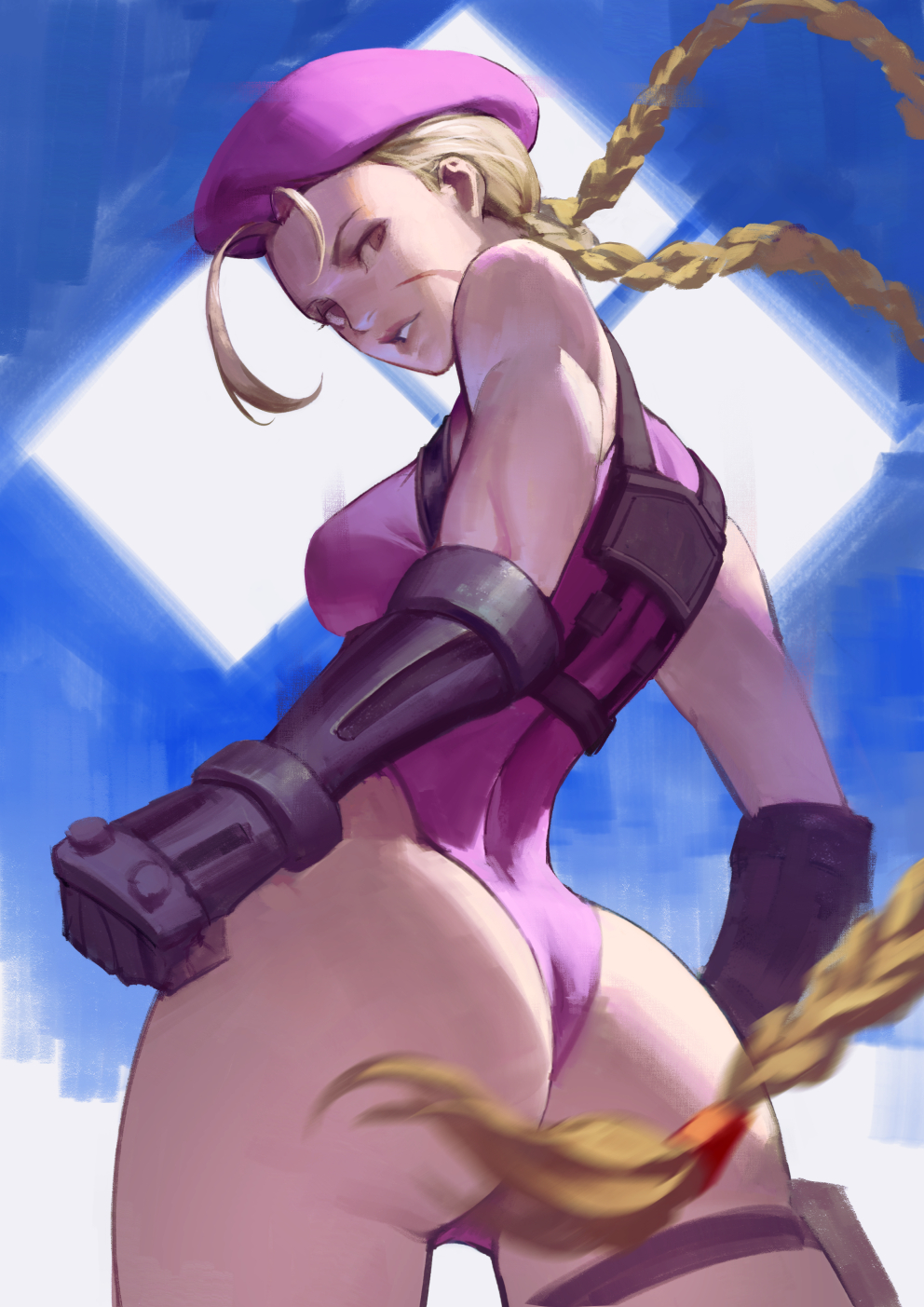 1girl ass beret blonde_hair braid cammy_white curvy evolution_championship_series fingerless_gloves gloves hat highleg highleg_leotard highres huge_ass leotard long_hair looking_back muscular muscular_female official_alternate_color phamoz pink_leotard scar shiny_skin solo street_fighter street_fighter_6 thong_leotard twin_braids wide_hips