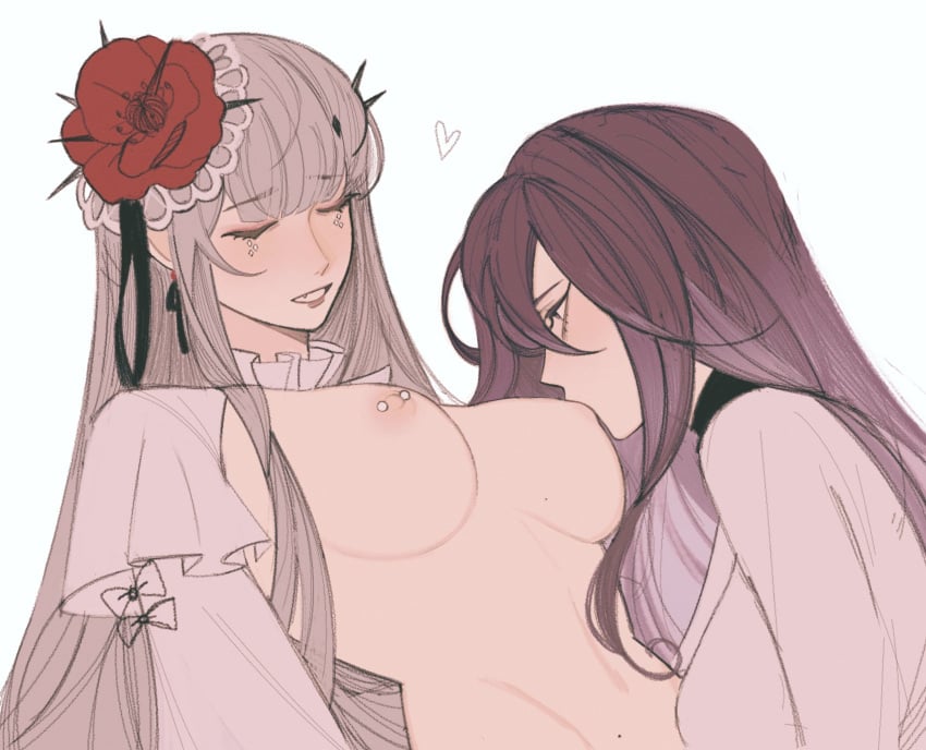 2girls breast_piercing breasts breasts_out closed_eyes coquelic_(path_to_nowhere) multiple_girls nipple_piercing path_to_nowhere piercing shalom_(path_to_nowhere) breast_sucking yuri