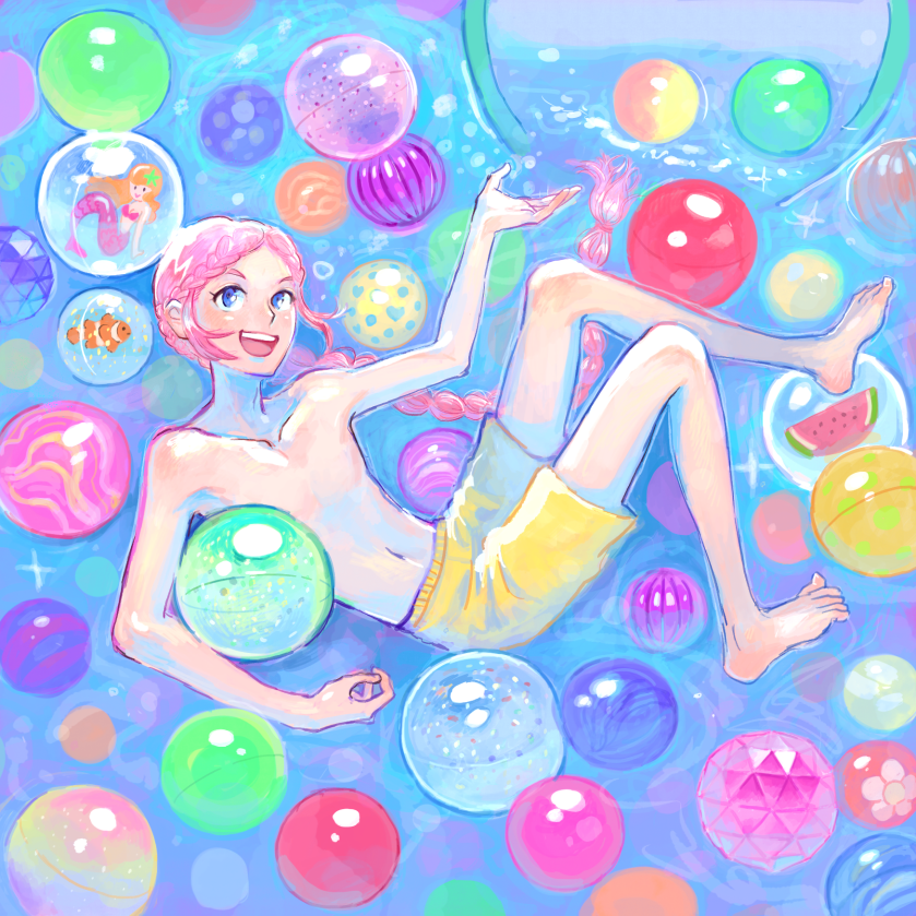 1boy ball barefoot blue_eyes classicaloid clownfish collarbone fish food fruit full_body gumiuchi long_braid male_focus male_swimwear navel open_mouth pink_hair solo swim_trunks topless_male watermelon watermelon_slice wolfgang_amadeus_mozart_(classicaloid) yellow_male_swimwear