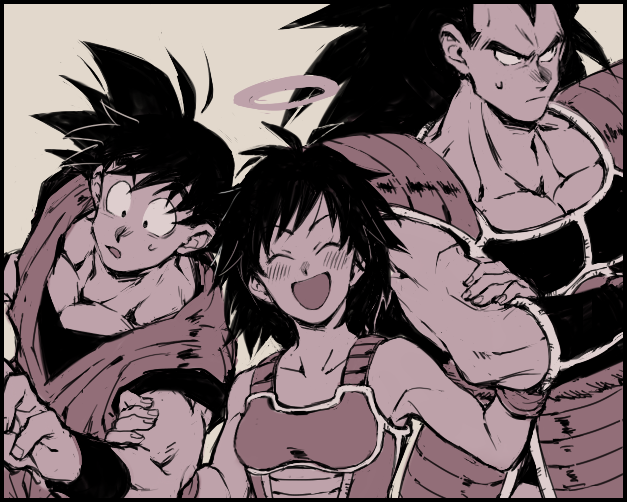 1girl 2boys :d ^_^ armor bad_id bad_twitter_id bare_arms bare_shoulders black_border black_hair border breasts brothers closed_eyes dougi dragon_ball dragon_ball_super dragon_ball_super_broly dragonball_z closed_eyes fingernails frown gine halo happy height_difference komebeimai locked_arms long_hair looking_away medium_breasts monochrome mother_and_son multiple_boys muscular nervous open_mouth raditz short_hair siblings simple_background smile son_goku spiked_hair surprised sweatdrop upper_body wide-eyed wristband