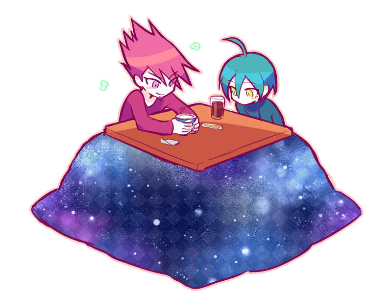 2boys ahoge blue_hair chibi closed_mouth cup danganronpa_(series) danganronpa_v3:_killing_harmony facial_hair goatee hair_between_eyes holding itsuki_(nightlight) kotatsu long_sleeves male_focus momota_kaito multiple_boys musical_note no_mouth outline pink_hair purple_eyes saihara_shuichi shirt simple_background sitting space_print starry_sky_print table white_background yellow_eyes