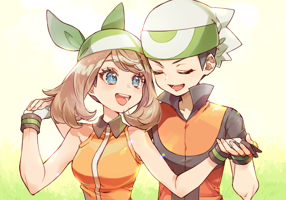 1boy 1girl :d bandana beanie black_hair blue_eyes blush brendan_(pokemon) brendan_(pokemon_emerald) brown_hair closed_eyes commentary_request eyelashes gloves green_bandana hat holding_hands may_(pokemon) may_(pokemon_emerald) nintendo open_mouth pokemon pokemon_emerald pokemon_rse popped_collar sasairebun sleeveless smile teeth tongue white_headwear