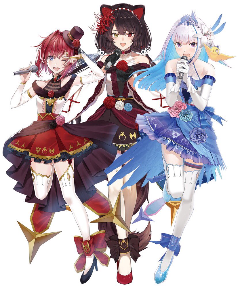&gt;_&lt; 3girls :d alternate_costume ange_katrina animal_ears animal_hair_ornament ankle_bow ankle_ribbon armpit_crease artist_collaboration bare_shoulders beckoning belt bird black_flower black_gloves black_rose black_shoes blue_belt blue_bow blue_eyes blue_feathers blue_flower blue_gemstone blue_hair blue_overskirt blue_rose blue_shoes blue_skirt blunt_bangs bow breasts brown_bow brown_dress brown_hair brown_hat brown_overskirt brown_tail center_frills clothing_cutout collarbone colored_inner_hair commentary_request detached_sleeves dog_ears dog_girl dog_tail dress dress_flower elbow_gloves eyelashes feather_hair_ornament feather_trim feathers flower frilled_dress frilled_gloves frills full_body gem gloves hair_flower hair_intakes hair_ornament hairband halter_dress halterneck hands_up hat hat_flower hat_ribbon headset heterochromia high_heels holding holding_microphone inui_toko isshiki_(ffmania7) leg_up light_blush lize_helesta long_hair looking_at_viewer low_twintails maoushiori3 matching_outfits medium_breasts microphone mini_hat monocle multicolored_hair multiple_girls music myusha nijisanji one_eye_closed open_mouth overskirt pink_flower pink_rose pleated_dress purple_eyes purple_overskirt red_bow red_dress red_eyes red_flower red_gemstone red_hair red_hairband red_ribbon red_rose ribbon rose sanbaka_(nijisanji) sebastian_piyodore shoes short_dress short_hair shoulder_cutout sidelocks simple_background singing skirt sleeveless sleeveless_dress small_breasts smile spider_lily standing standing_on_one_leg streaked_hair striped_clothes striped_hairband sweat tail teeth thigh_strap thighhighs tiara top_hat twintails two-tone_hair v v-shaped_eyebrows v_over_eye very_long_hair virtual_youtuber white_background white_dress white_flower white_gloves white_hair white_hairband white_rose white_sleeves white_thighhighs yellow_bird yellow_eyes