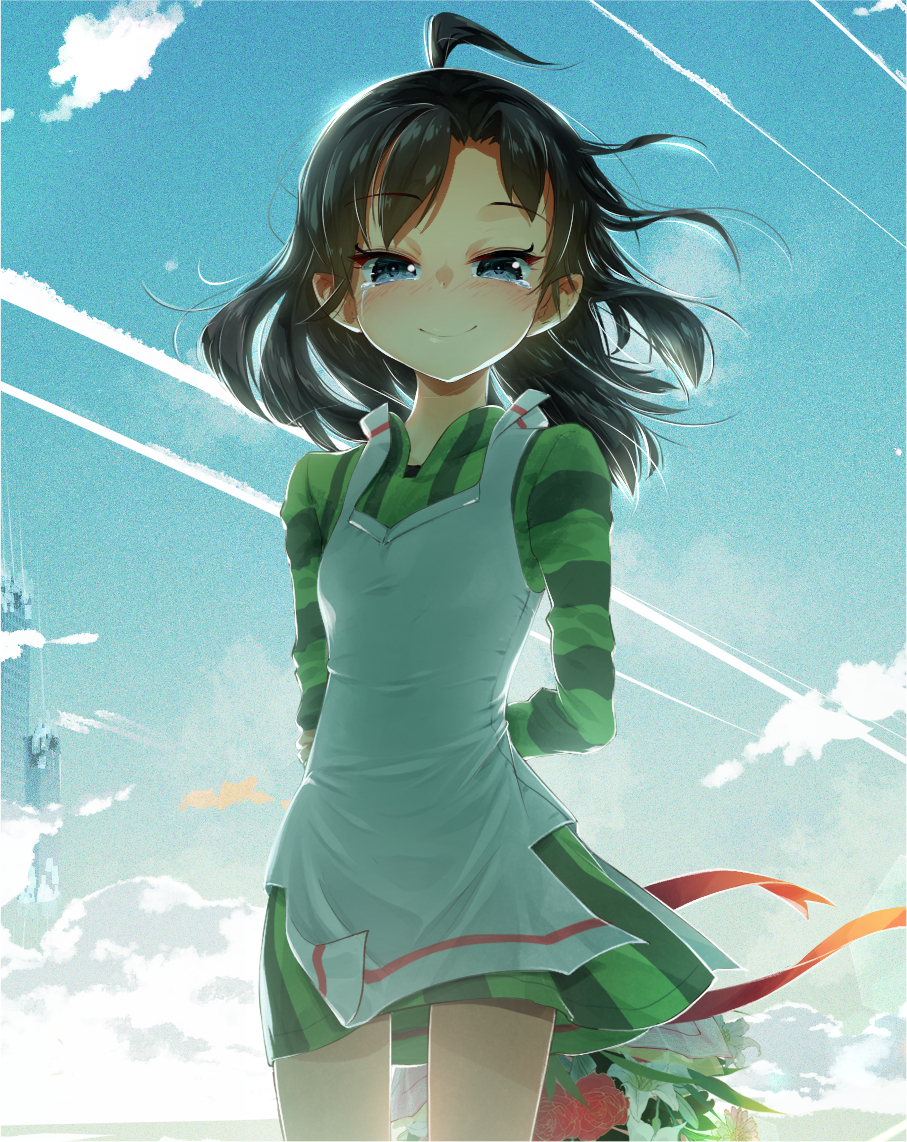 1girl ahoge apron arms_behind_back backlighting black_hair blue_eyes blue_sky blush bouquet building closed_mouth cloud cluseller contrail cowboy_shot cropped day dress female_focus flat_chest flower gradient_sky green_dress hair_intakes half-closed_eyes happy holding kemurikusa lily_(flower) long_hair long_sleeves looking_at_viewer nose_blush outdoors pink_flower red_flower red_ribbon red_rose ribbon riri_(kemurikusa) rose short_dress sky skyscraper smile solo spoilers standing striped_clothes striped_dress sunrise tears white_flower