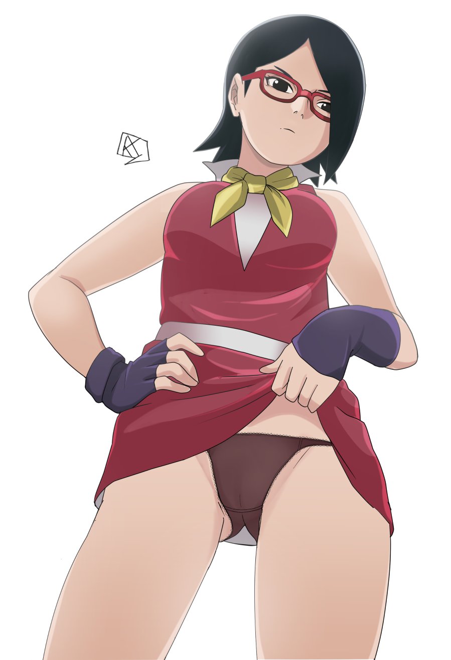 1girl aldwelter annoyed artist_logo ascot bare_legs black_eyes black_hair blue_gloves boruto:_naruto_next_generations boruto:_naruto_the_movie brown_panties crotch_seam dress fingerless_gloves from_below glasses gloves highres logo minidress miniskirt naruto_(series) panties red_dress skirt uchiha_sarada underwear upskirt white_background yellow_ascot