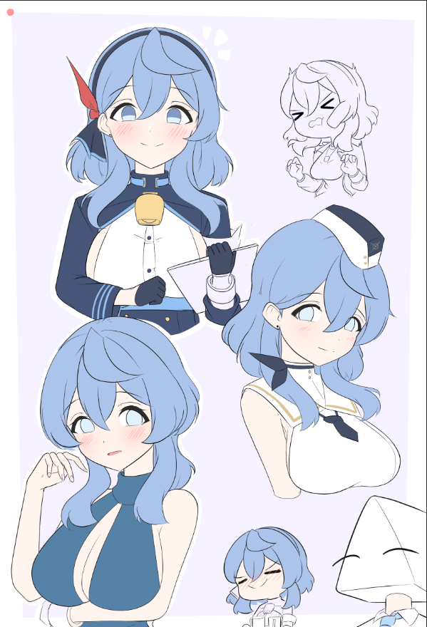 &gt;_&lt; 1boy 1girl ako_(blue_archive) ako_(dress)_(blue_archive) blue_archive blue_hair blue_hairband breasts commentary english_commentary hairband hat large_breasts no_mouth official_alternate_costume samliam_a5 sensei_(blue_archive) sideboob utnapishtim_operator_uniform_(blue_archive)