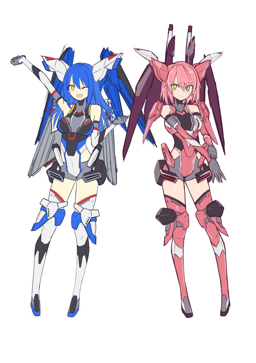 2girls blue_hair blush boots clenched_hand covered_navel elbow_gloves flat_color glove_pull gloves green_eyes grey_gloves gundam gundam_seed gundam_seed_destiny i.takashi infinite_justice_gundam leotard long_hair mecha_musume multiple_girls one_eye_closed open_hand open_mouth personification pink_hair short_hair strike_freedom_gundam thigh_boots thighhighs yellow_eyes