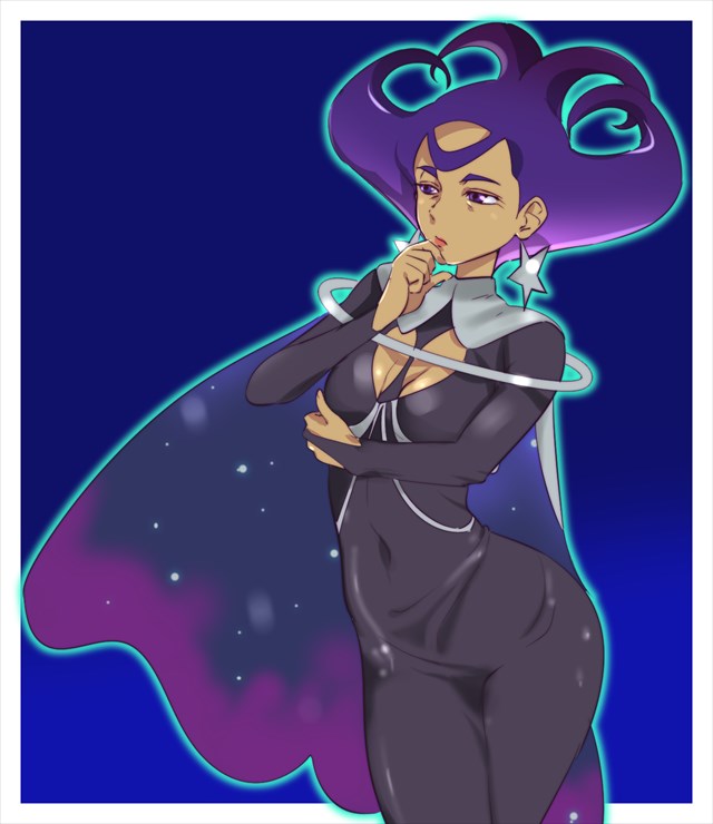 1girl bad_id bad_pixiv_id black_bodysuit black_cape blue_outline bodysuit border breasts cape cleavage cleavage_cutout closed_mouth clothing_cutout covered_navel cowboy_shot earrings expressionless female_focus gym_leader hand_on_own_face jewelry looking_afar looking_away medium_breasts nintendo olympia_(pokemon) outline outside_border pokemon pokemon_xy purple_eyes purple_hair red_lips solo standing star_(symbol) star_earrings white_border zaitsu