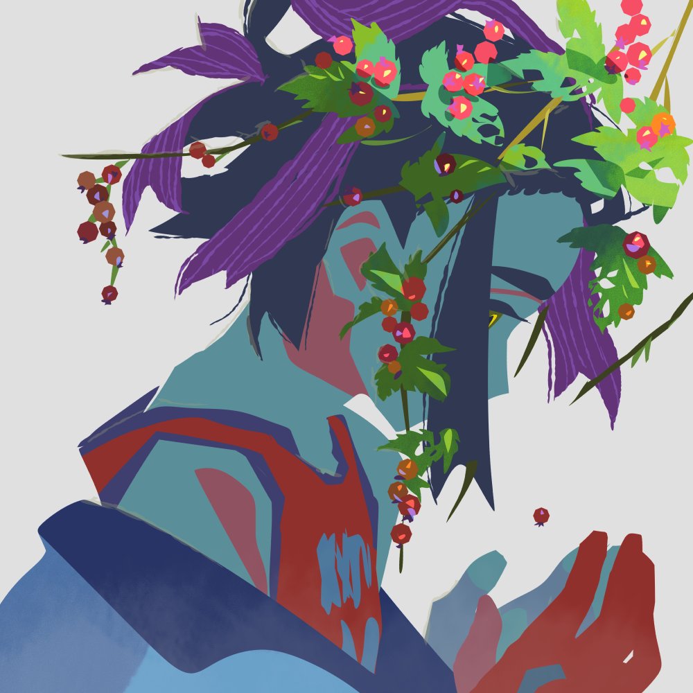 1boy arms_up bare_shoulders berry black_hair from_side kieran_(pokemon) leaf logi_bunbukucha looking_down male_focus multicolored_hair nintendo off_shoulder pokemon pokemon_sv profile purple_hair red_tank_top solo tank_top thick_eyebrows yellow_eyes