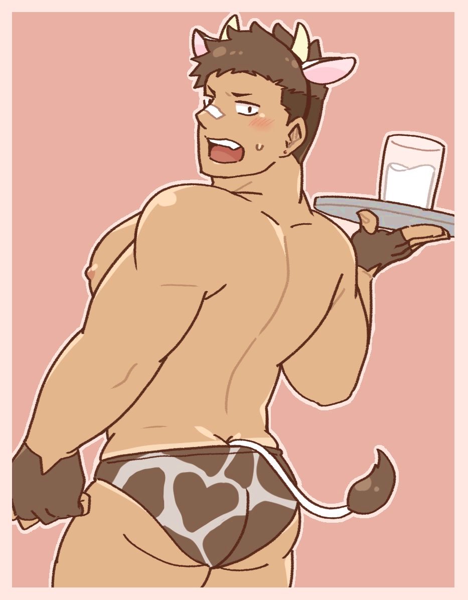 1boy animal_ears animal_print aopanda ass back bara biceps black_eyes blush brown_gloves brown_hair brown_male_swimwear brown_swim_briefs buzz_cut cow_ears cow_horns cow_print cow_tail cowboy_shot cup diadem fang fingerless_gloves from_behind gloves gluteal_fold horns huge_ass looking_at_viewer looking_back male_focus male_swimwear milk muscular muscular_arms muscular_male nipples no_pants open_mouth original pectorals plate print_male_swimwear print_swim_briefs print_swimsuit short_hair solo sweat sweatdrop swim_briefs swimsuit tail tan tanline thighs topless_male very_short_hair